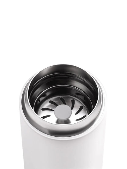 White travel mug with black interior on a white background