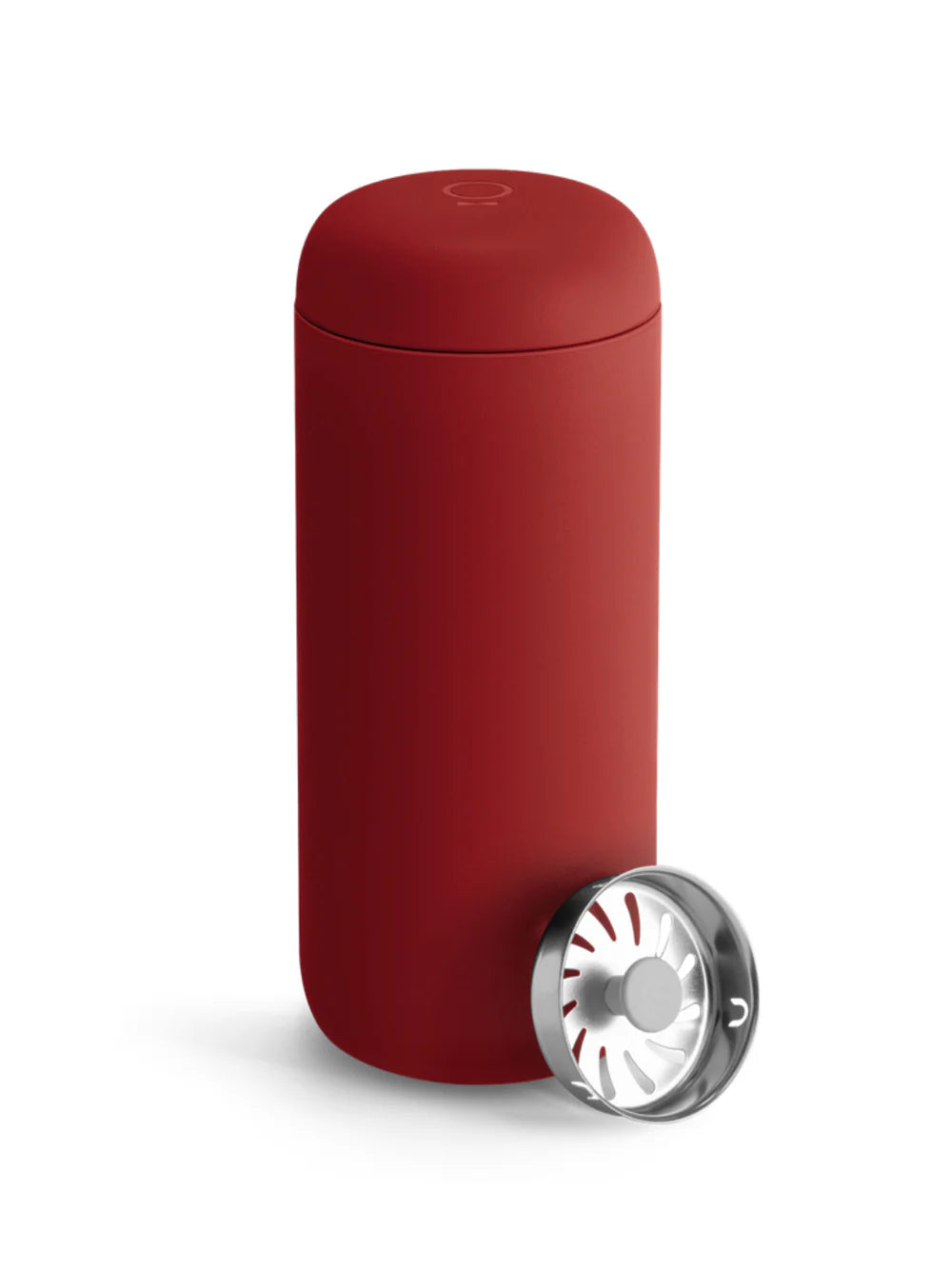 Red cylindrical container with a silver splash accessory on a white background