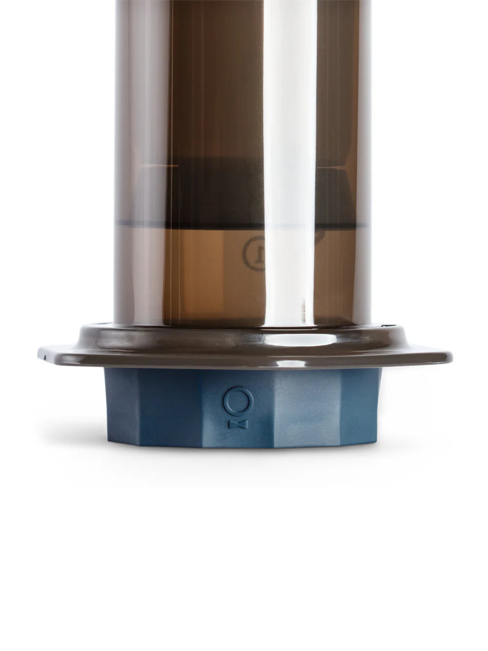 Aeropress coffee maker with blue base on a white background