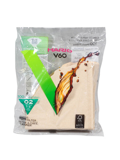 Hario V60 coffee filter packaging with a clear window showing the filter inside.