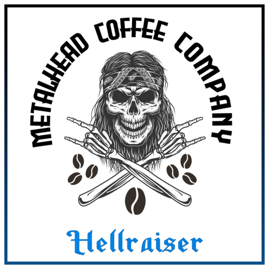 A square graphic design featuring a black-and-white skull with long hair, a bandana, crossed bones with skeletal hands making the peace sign, coffee beans, and crossed coffee beans below. The text 'METALHEAD COFFEE COMPANY' appears in black arched lettering above, and 'Hellraiser' appears in blue script below.