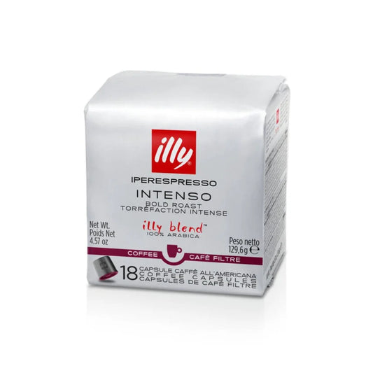 A white rectangular box of Illy Blend Intenso coffee capsules on a clean white background. The packaging features the red Illy logo and black and red text detailing the bold roast and 100% arabica.