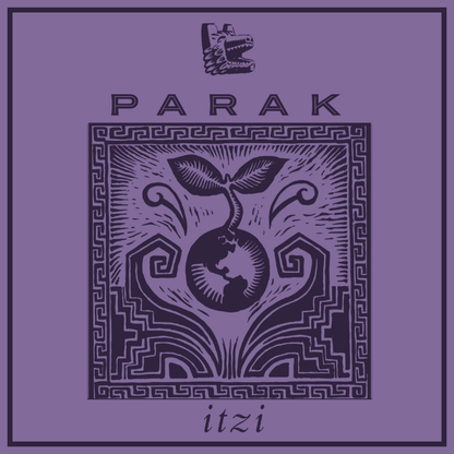 A square graphic design on a muted purple background with a dark purple border. The design includes the word 'PARAK' at the top, a central ornate square illustration with a sprout and globe motif, and the word 'itzi' at the bottom.