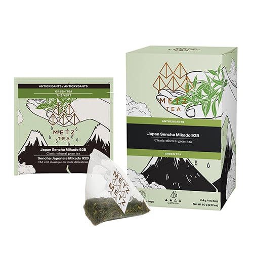 Box of tea with image of leaves and mountain