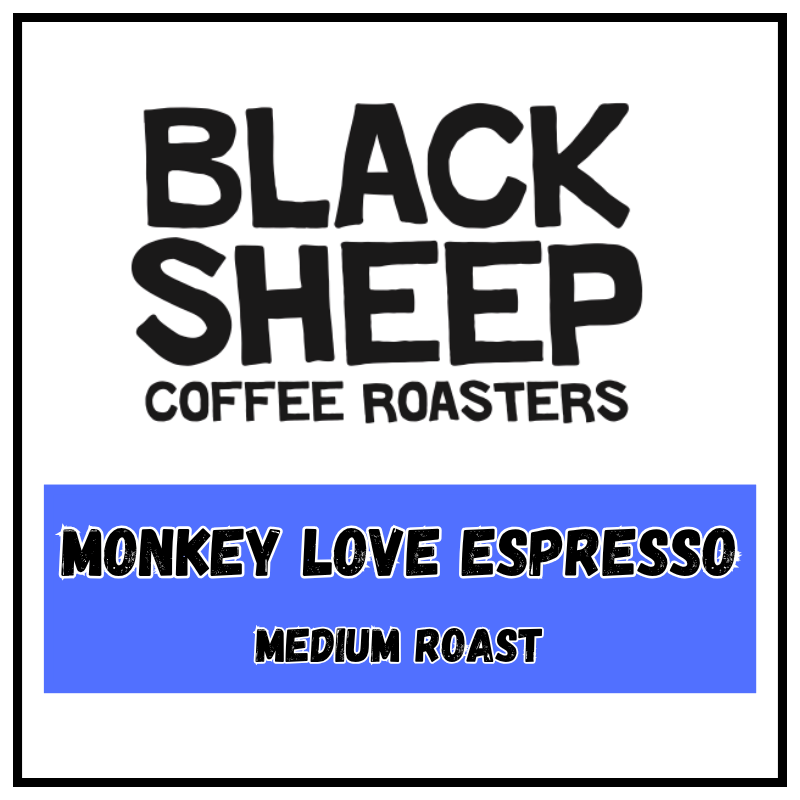 A square coffee label design with a white background, black border, and black text reading 'BLACK SHEEP COFFEE ROASTERS' at the top and 'MONKEY LOVE ESPRESSO MEDIUM ROAST' inside a blue block at the bottom.