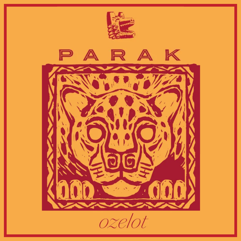 A square graphic design with a stylized jaguar head illustration in dark red on a warm orange background. The word 'PARAK' appears above the artwork, and 'ozelot' appears below.