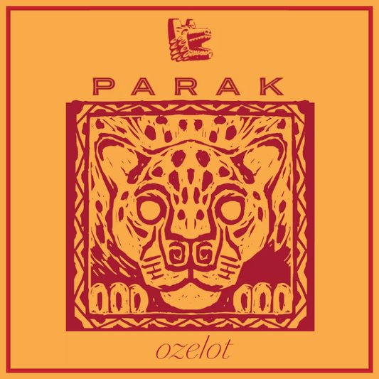 A square graphic design with a stylized jaguar head illustration in dark red on a warm orange background. The word 'PARAK' appears above the artwork, and 'ozelot' appears below.