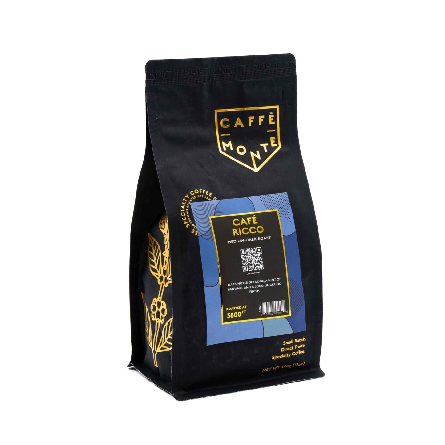 Caffè Monte coffee bag with gold floral accents on a white background