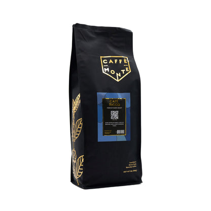 Black coffee bag with 'Caffe Monte' branding on a white background