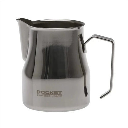 Stainless steel milk frothing pitcher with handle on a white background, featuring the Rocket Espresso Milano logo.