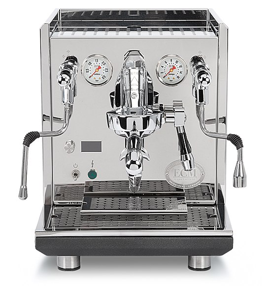 A professional-grade stainless steel ECM Synchronika II espresso machine with dual boilers, pressure gauges, and an OLED display.