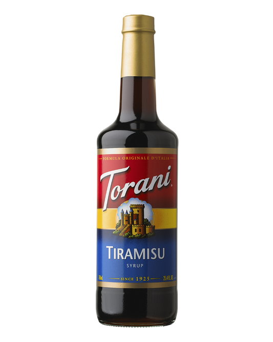 Torani Tiramisu syrup bottle on a white background