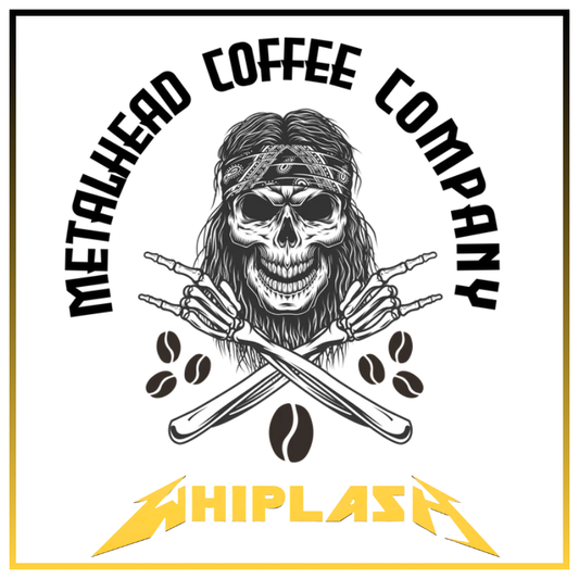 A square graphic design featuring a black-and-white skull with long hair, crossed bones, coffee beans, and the text 'METALHEAD COFFEE COMPANY' in black, with 'WHIPLASH' in yellow at the bottom. The design is centered on a white background with a thin gold border.