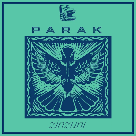 A square graphic design with a teal background and dark blue border, featuring the word 'PARAK' at the top, a stylized bird illustration in the center, and 'zinzuni' at the bottom.