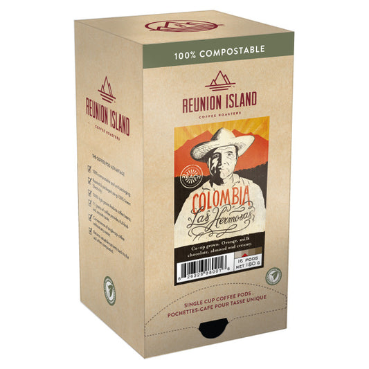Not Keurig Compatible: Reunion Island 100% Compostable Pods - Colombia Las Hermosas [16 pack]