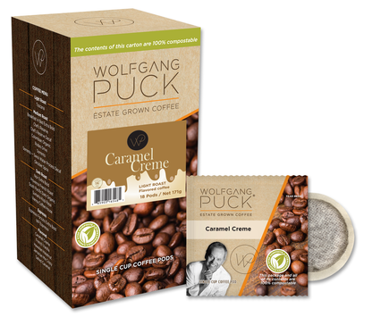 Not Keurig Compatible: Reunion Island 100% Compostable Pods - Wolfgang Puck Creme Caramel [18 pack] - Gold Roast Coffee Service Ltd.