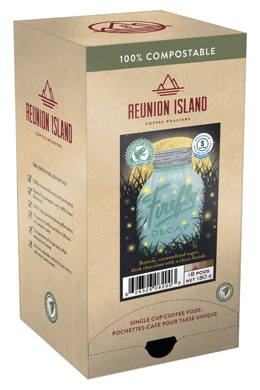 Not Keurig Compatible: Reunion Island 100% Compostable Pods - Firefly Decaf [16 pack]