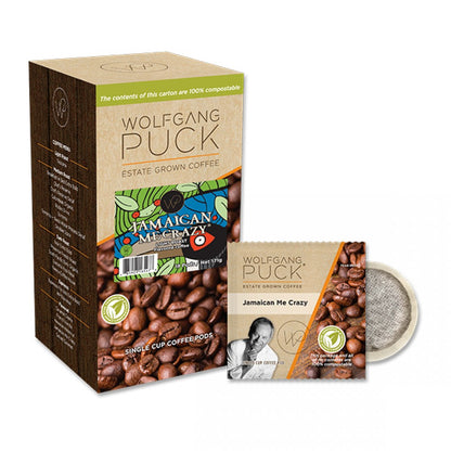 Not Keurig Compatible: Reunion Island 100% Compostable Pods - Wolfgang Puck Jamaican Me Crazy [18 pack] - Gold Roast Coffee Service Ltd.