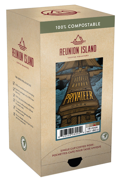 Not Keurig Compatible: Reunion Island 100% Compostable Pods - Privateer Dark [16 pack] - Gold Roast Coffee Service Ltd.