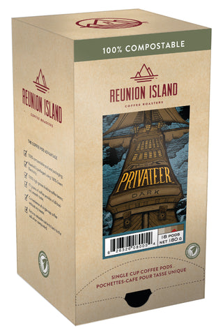 Not Keurig Compatible: Reunion Island 100% Compostable Pods - Privateer Dark [16 pack]