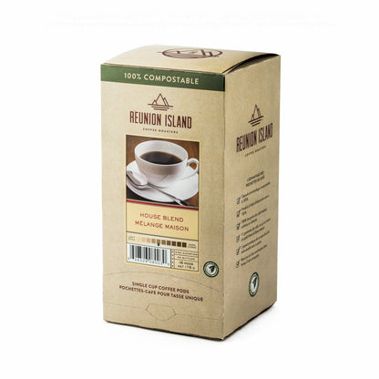 Not Keurig Compatible: Reunion Island 100% Compostable Pods - House Blend [16 pack] - Gold Roast Coffee Service Ltd.